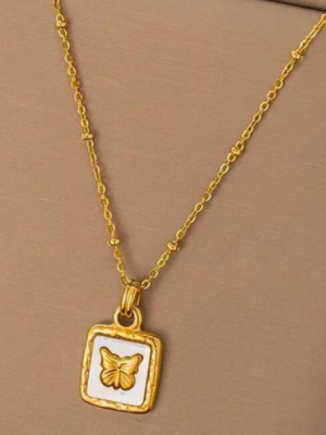 Butterfly Strudded in Shell Square Necklace
