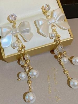 Bow Pearl Tassel Long Earrings