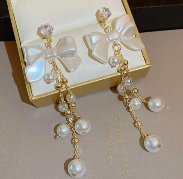 Bow Pearl Tassel Long Earrings