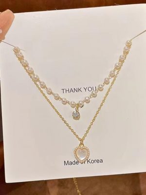 Double Layer Pearl Chain Heart Necklace