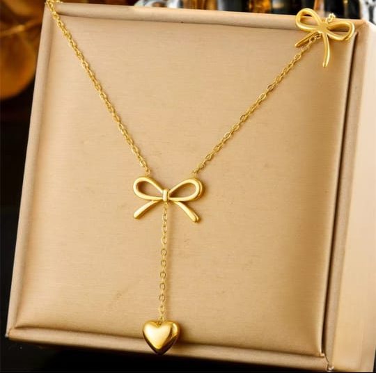 Heart Drop Two Bow Necklace