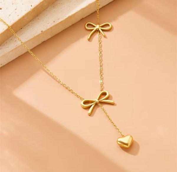 Heart Drop Two Bow Necklace